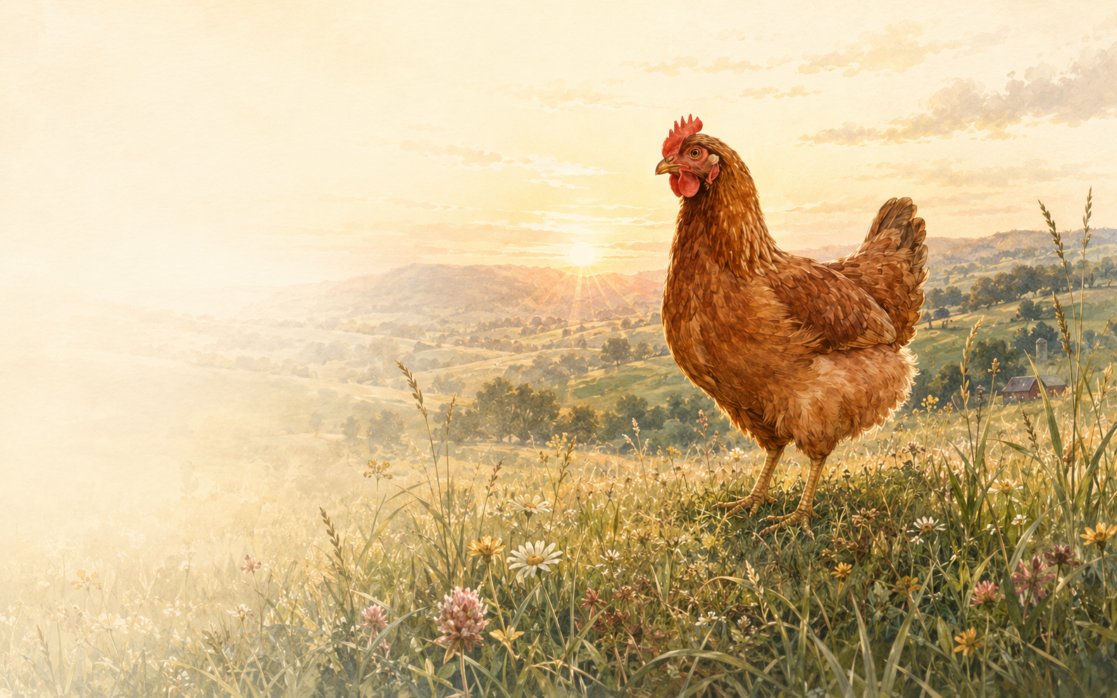 Brown hen in a sunlit Ohio pasture